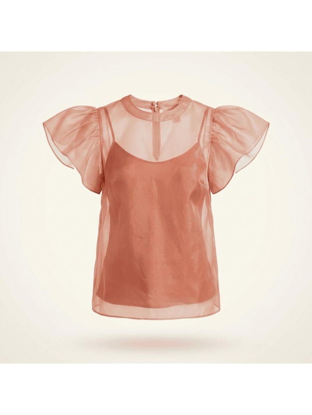 NWOT HAUSEN Sheer Layered Organza Ruffle Sleeve Blouse Pinkish Tan M Romantic